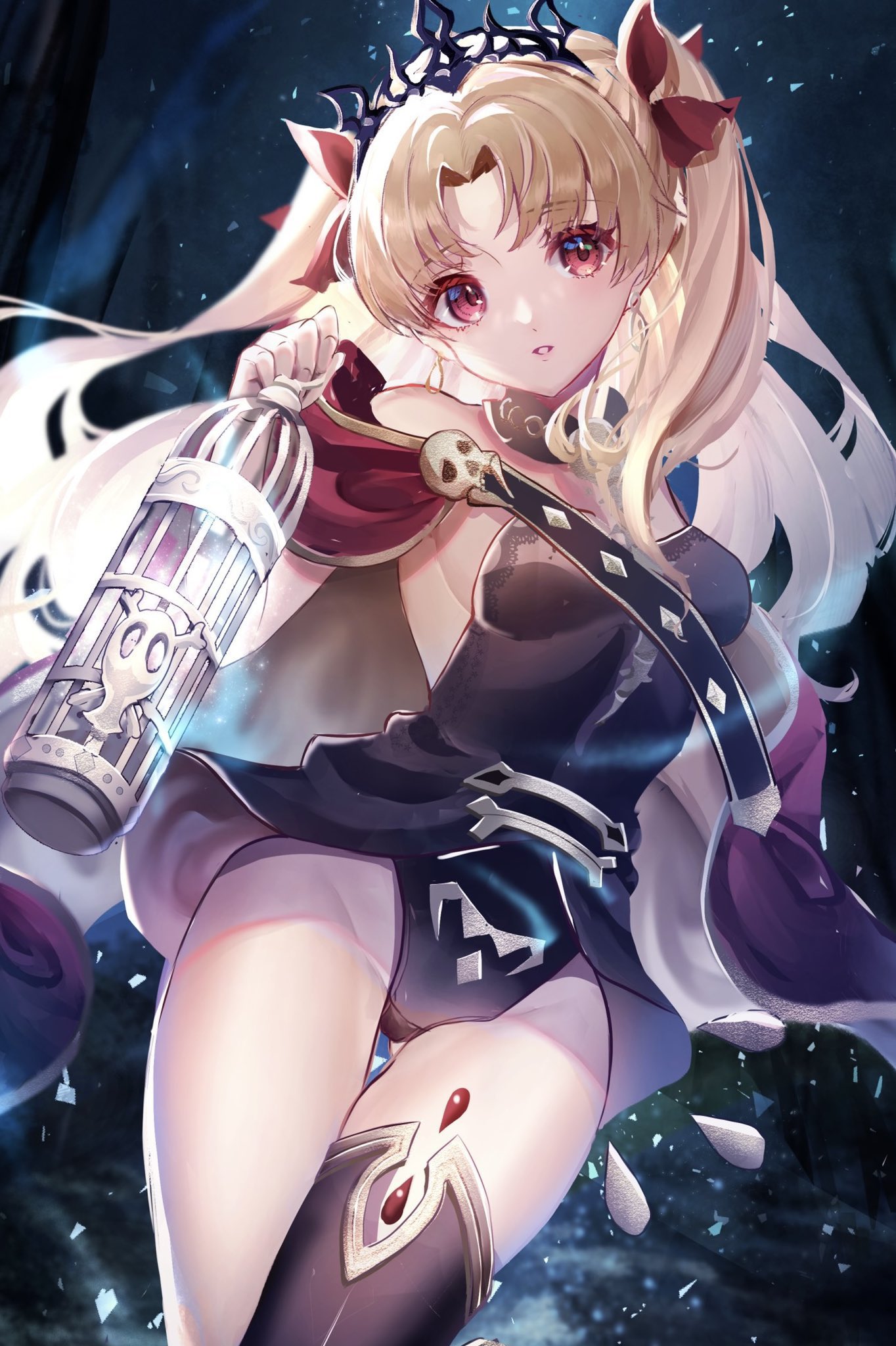 1girl ass_visible_through_thighs bangs blonde_hair breasts cage cape chiachun0621 collar dark_background ereshkigal_(fate) fate/grand_order fate_(series) feet_out_of_frame full_body hair_ribbon highres leotard long_hair medium_breasts parted_lips red_eyes red_ribbon ribbon single_thighhigh solo thigh-highs thighs tiara twintails