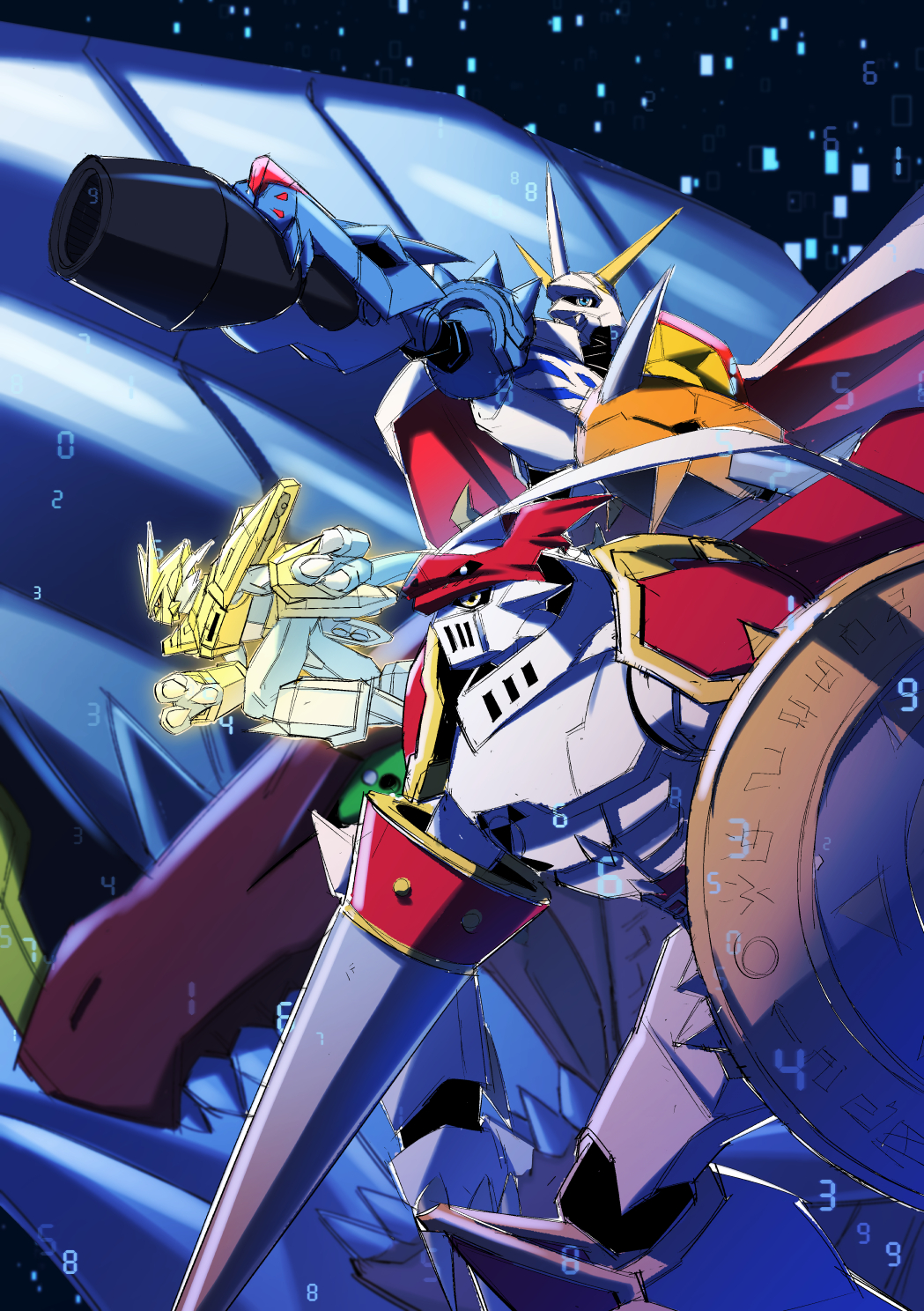 arm_up armor bbb_(fabio8552) black_background blue_skin cape claws colored_skin digimon digimon_(creature) dukemon examon from_side gold_armor green_eyes gun highres holding horns knight lance magnamon no_humans number omegamon polearm sharp_teeth shield teeth weapon yellow_eyes