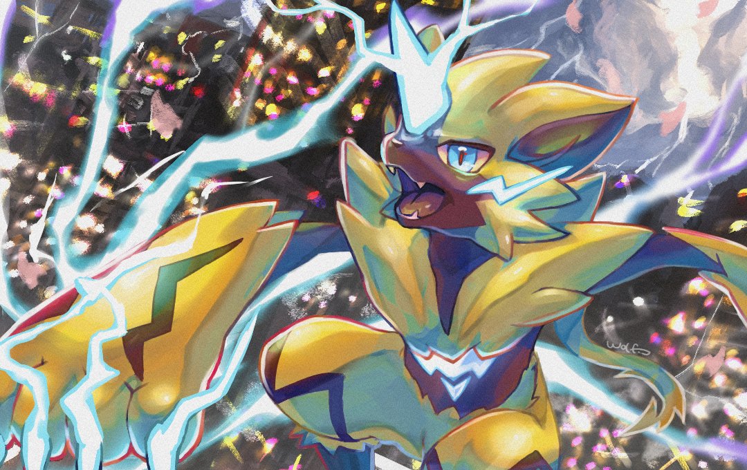 blue_eyes claws commentary_request electricity gen_7_pokemon mythical_pokemon no_humans open_mouth pokemon pokemon_(creature) signature teeth tongue urufin_(wolf_v3ewc) yellow_fur zeraora