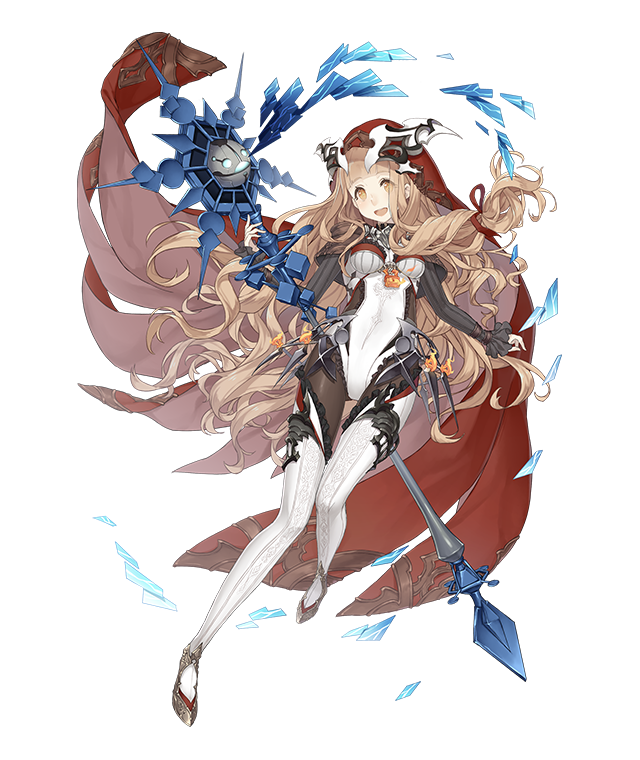 1girl :d blonde_hair bodysuit breasts full_body holding holding_staff hood hood_up ji_no little_red_riding_hood_(sinoalice) long_hair looking_at_viewer medium_breasts official_art open_mouth orange_hair sinoalice smile solo staff transparent_background upper_teeth