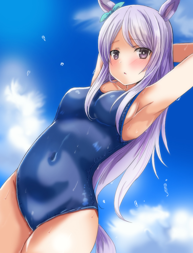 1girl animal_ears armpits arms_behind_head arms_up bangs bare_arms bare_shoulders blue_sky blue_swimsuit blush breasts clouds collarbone commentary_request covered_navel cowboy_shot day dutch_angle eyebrows_visible_through_hair horse_ears horse_girl horse_tail looking_at_viewer medium_breasts mejiro_mcqueen_(umamusume) one-piece_swimsuit oshiruko_(uminekotei) outdoors parted_bangs parted_lips purple_hair school_swimsuit sky solo swimsuit tail umamusume violet_eyes
