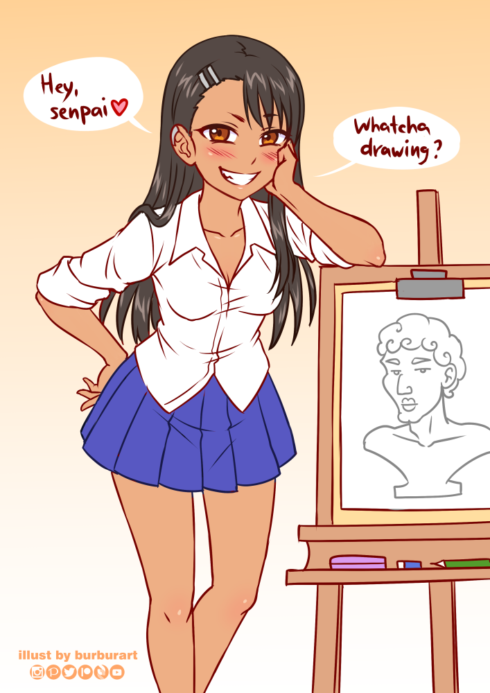 1girl black_hair blue_skirt blush breasts brown_eyes burbur collarbone commentary dark_skin dark-skinned_female drawing easel elbow_rest english_commentary feet_out_of_frame gradient gradient_background grin hair_ornament hairclip hand_on_hip ijiranaide_nagatoro-san long_hair looking_at_viewer medium_breasts nagatoro_hayase pencil pleated_skirt school_uniform shirt simple_background skirt smile solo speech_bubble white_shirt