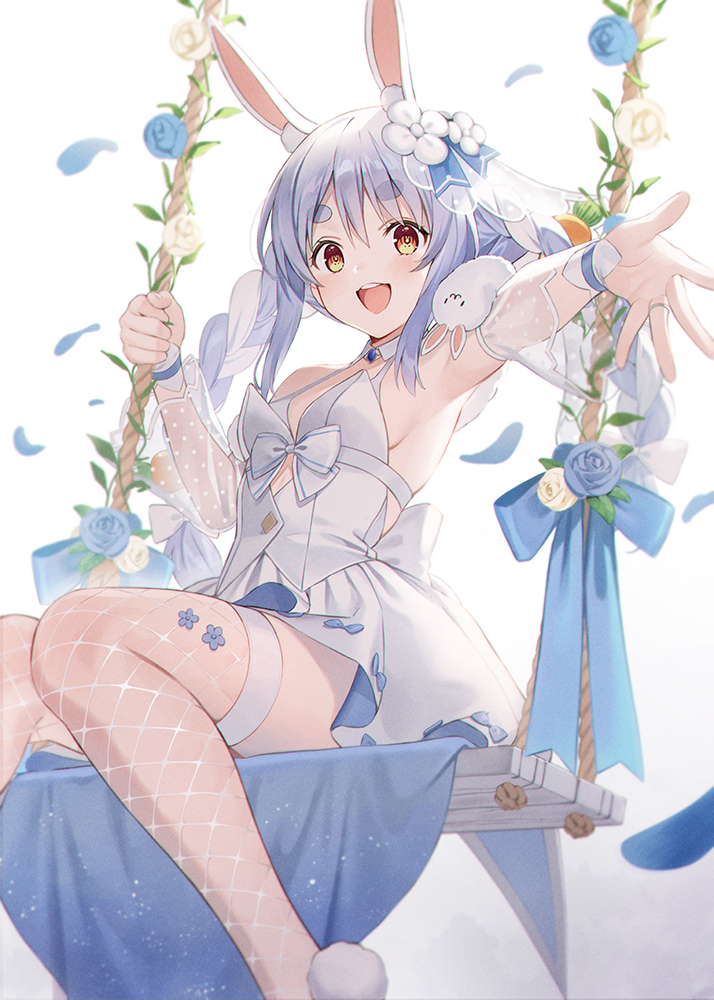 1girl :d animal_ear_fluff animal_ears arm_up armpits bangs bare_shoulders blue_flower blue_hair blue_ribbon blue_rose blush braid breasts bridal_veil commentary_request detached_collar detached_sleeves dress eyebrows_visible_through_hair feet_out_of_frame fishnet_legwear fishnets flower hololive jewelry long_hair long_sleeves looking_at_viewer multicolored_hair open_mouth orange_eyes outstretched_arm petals rabbit_ears ribbon ring rose rose_petals see-through short_dress simple_background sitting small_breasts smile solo swing thick_eyebrows thigh-highs tokki twin_braids two-tone_hair usada_pekora veil very_long_hair virtual_youtuber wedding_band wedding_dress white_background white_dress white_hair white_legwear