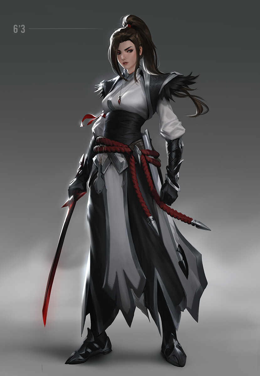 1girl akane_sgail black_gloves brown_eyes brown_hair feather_trim full_body gloves grey_background height_mark highres holding holding_sword holding_weapon jewelry katana lips long_hair looking_to_the_side original pendant ponytail raikoart solo standing sword weapon