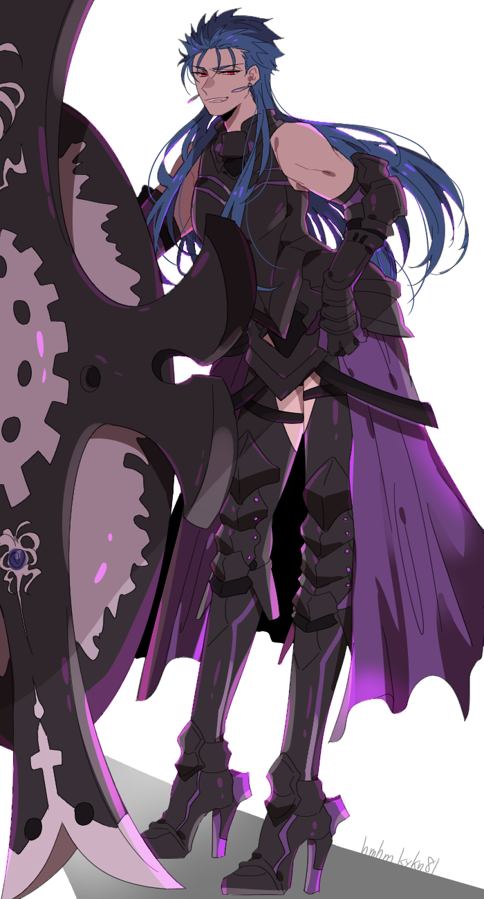 1boy armor armored_dress bare_shoulders black_dress black_legwear blue_hair cosplay cu_chulainn_(caster)_(fate) cu_chulainn_(fate)_(all) dress earrings fate/grand_order fate_(series) greaves high_heels highres jewelry long_hair male_focus mash_kyrielight mash_kyrielight_(cosplay) namahamu_(hmhm_81) ortenaus red_eyes shield solo