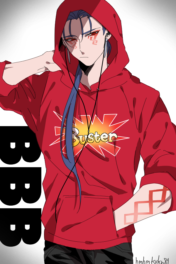 1boy arm_behind_head arm_tattoo blue_hair casual cowboy_shot cu_chulainn_(fate)_(all) cu_chulainn_alter_(fate/grand_order) earrings facial_mark facial_tattoo fate/grand_order fate_(series) hood hood_up hoodie jewelry male_focus namahamu_(hmhm_81) ponytail red_eyes solo standing tattoo