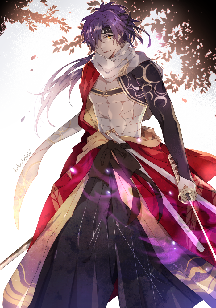 1boy fate/grand_order fate_(series) hair_over_one_eye hakama headband igote japanese_clothes katana kimono koha-ace long_hair male_focus namahamu_(hmhm_81) okada_izou_(fate) ponytail purple_hair sarashi shirtless solo sword weapon yellow_eyes