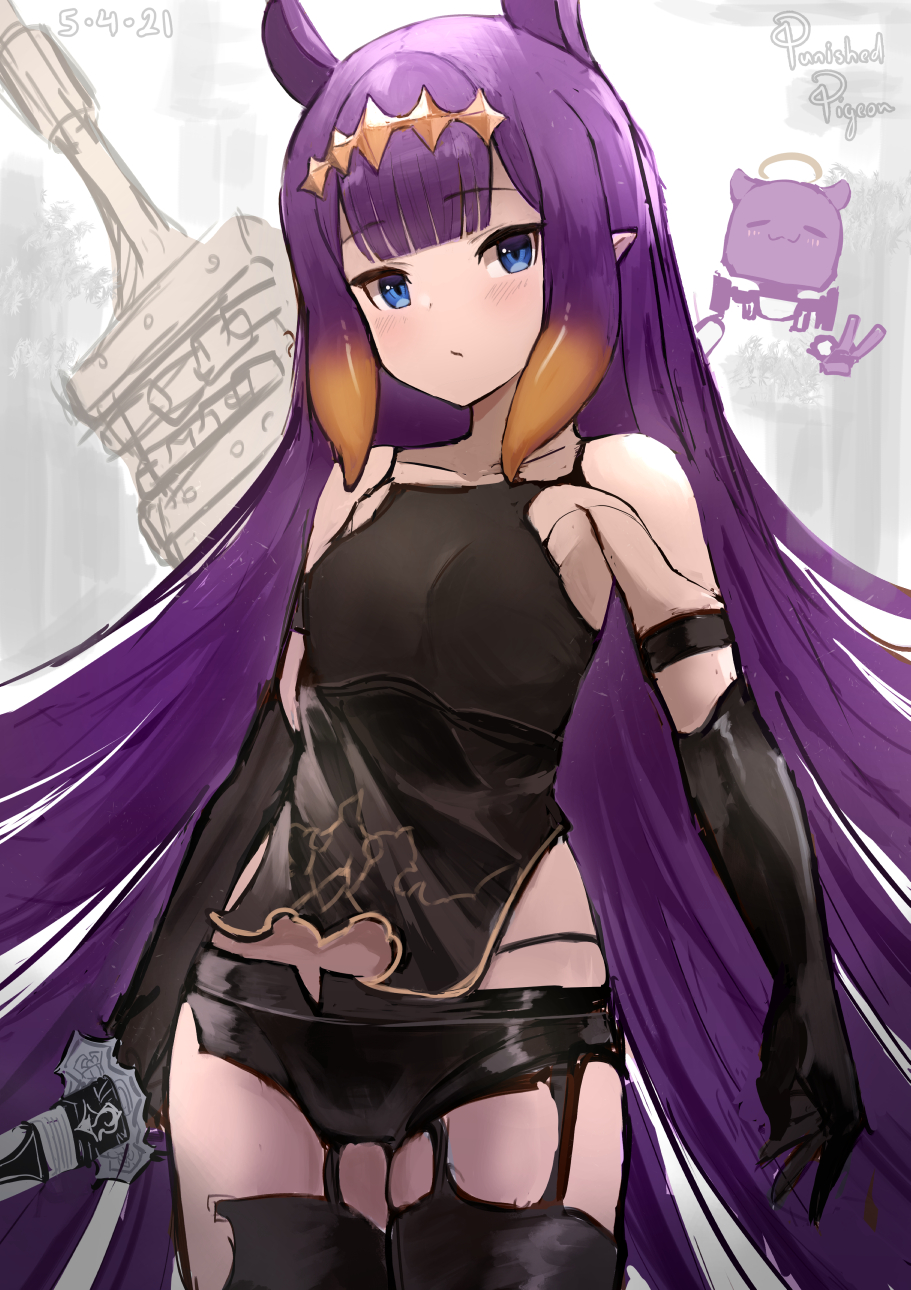 1girl android bangs black_shorts blue_eyes blush cosplay elbow_gloves flat_chest fusion gloves highres hololive hololive_english long_hair looking_at_viewer metal_skin nier_(series) nier_automata ninomae_ina'nis pod_(nier_automata) pointy_ears punished_pigeon purple_hair science_fiction short_shorts shorts solo sword tako_(ninomae_ina'nis) tentacle_hair thigh-highs very_long_hair virtual_youtuber weapon weapon_on_back yorha_type_a_no._2 yorha_type_a_no._2_(cosplay)