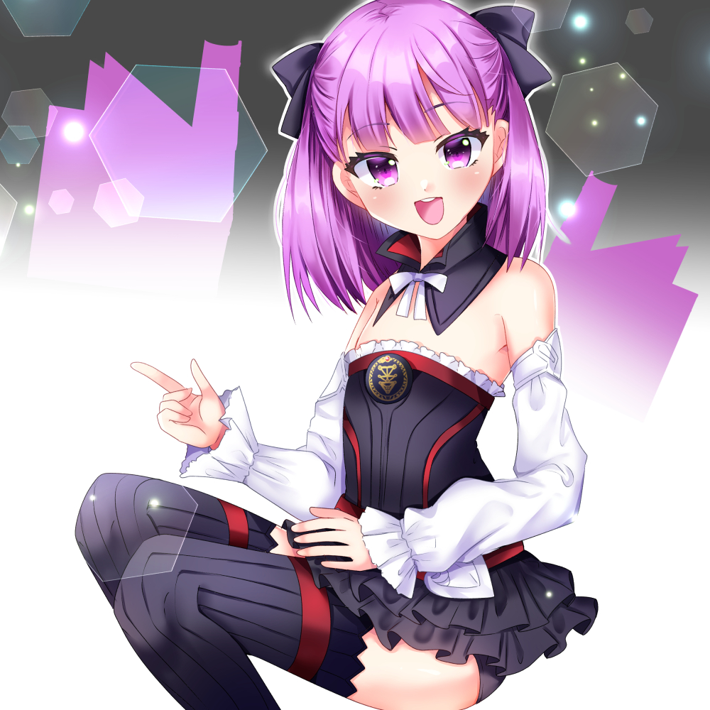 1girl :d bangs bare_shoulders black_bow black_dress black_legwear bow clip_studio_paint_(medium) commentary_request detached_sleeves dress eyebrows_visible_through_hair fate/grand_order fate_(series) feet_out_of_frame gradient gradient_background grey_background hair_bow helena_blavatsky_(fate) long_sleeves misaki_(misaki86) open_mouth puffy_long_sleeves puffy_sleeves purple_hair ribbed_legwear round_teeth sleeves_past_wrists smile solo strapless strapless_dress teeth thigh-highs upper_teeth violet_eyes white_background white_sleeves