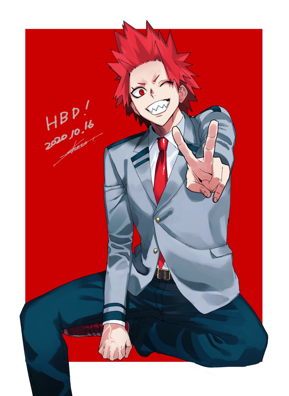 1boy belt blazer boku_no_hero_academia boots buttons dated forehead foreshortening grin highres invisible_chair jacket kirishima_eijirou looking_at_viewer male_focus necktie one_eye_closed red_eyes red_neckwear red_theme redhead scar scar_on_face school_uniform sharp_teeth shoco_(sco_labo) short_eyebrows sitting smile spiky_hair teeth v veins