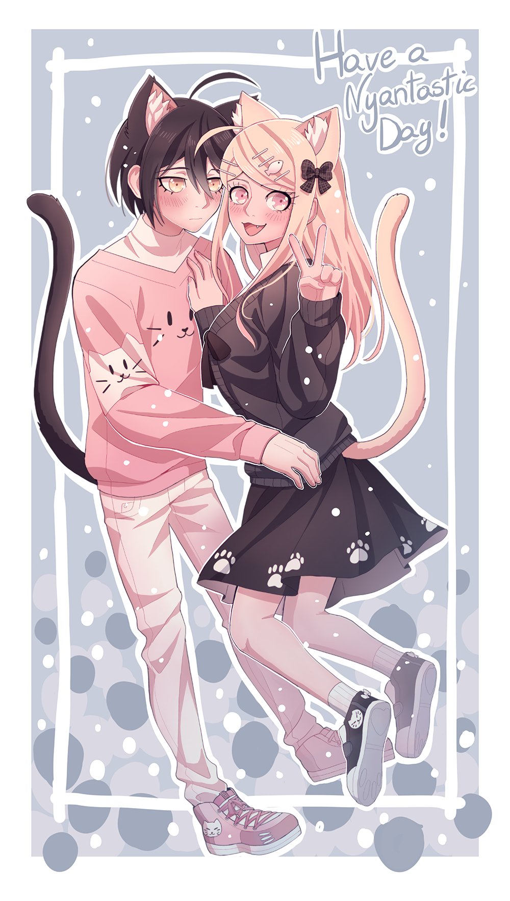 1boy 1girl ahoge akamatsu_kaede alternate_costume animal_ear_fluff animal_ears animal_print bangs black_bow black_footwear black_hair black_skirt blonde_hair blush border bow brown_eyes cat_boy cat_ears cat_girl cat_print cat_tail cheer_(cheerkitty14) dangan_ronpa_(series) dangan_ronpa_v3:_killing_harmony english_commentary fang fish_hair_ornament from_side full_body hair_bow hair_ornament hairclip highres long_hair long_sleeves pants paw_print pink_eyes pink_footwear pink_sweater saihara_shuuichi shoes skirt smile standing sweater tail v white_border