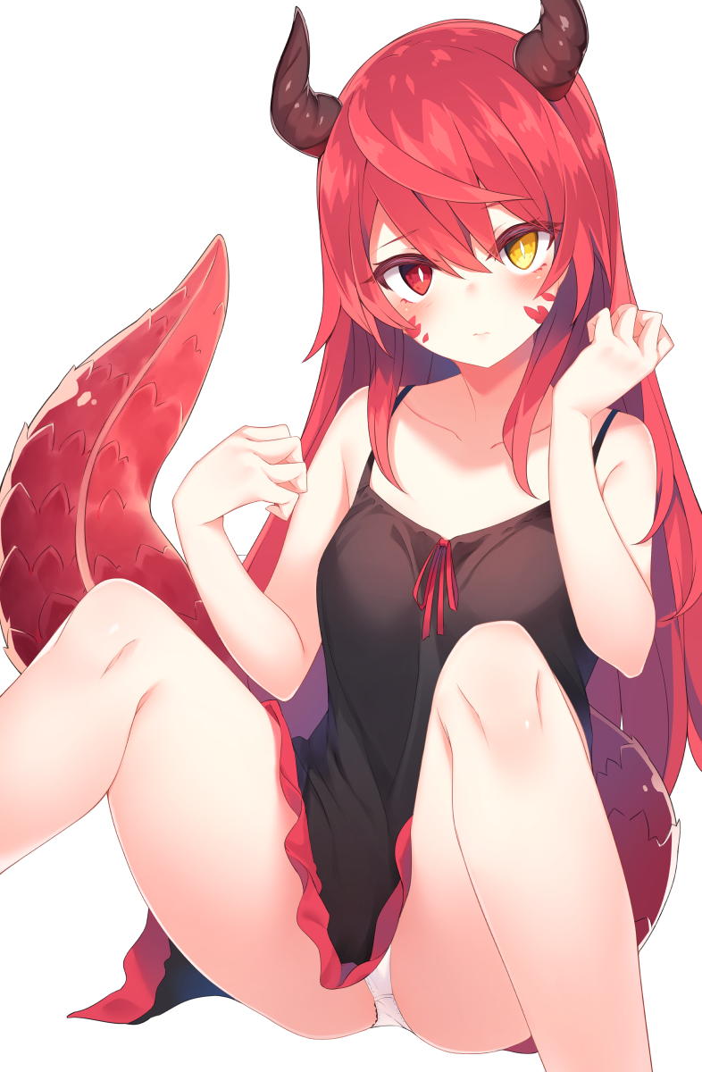 1girl bangs bare_shoulders black_camisole blush camisole collarbone commentary_request dragon_tail feet_out_of_frame hair_between_eyes heterochromia highres horns long_hair looking_at_viewer original otokuyou panties pantyshot red_eyes redhead scales simple_background sitting sleeveless solo spaghetti_strap tail underwear white_background white_panties yellow_eyes