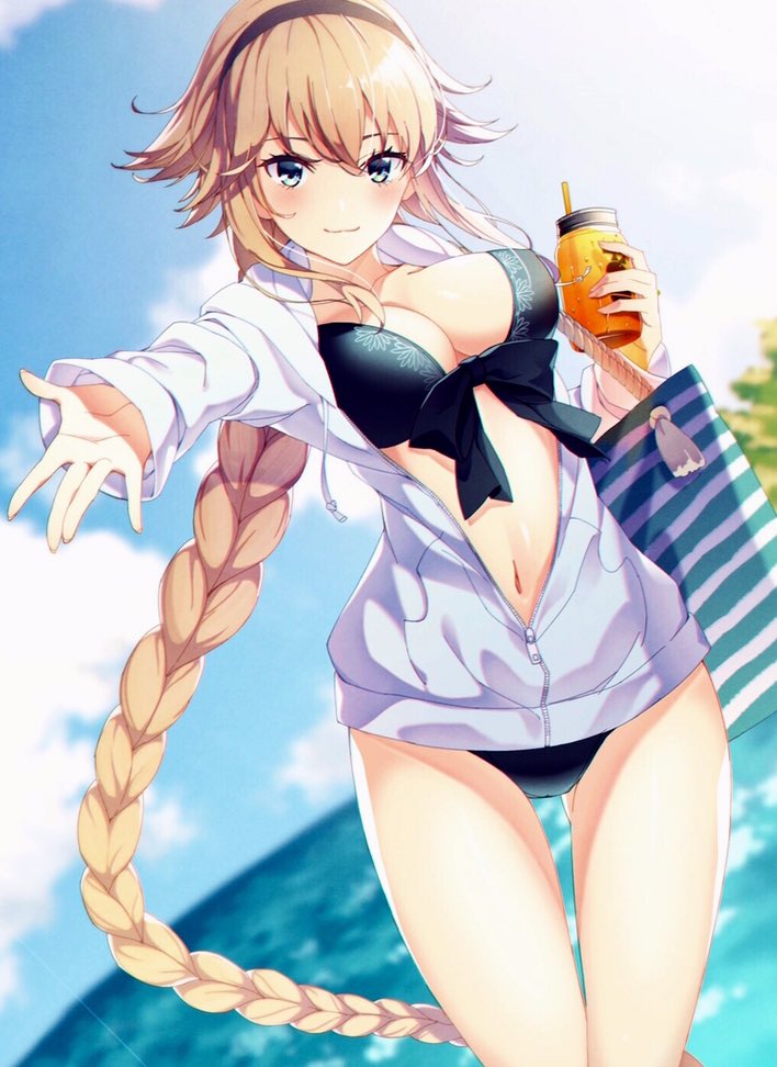 1girl bag beach bikini black_bikini black_hairband blonde_hair breasts cup drinking_glass fate/grand_order fate_(series) front-tie_bikini front-tie_top hairband holding holding_cup hood hooded_jacket jacket jeanne_d'arc_(fate) jeanne_d'arc_(fate)_(all) jeanne_d'arc_(swimsuit_archer)_(fate) long_hair looking_at_viewer medium_breasts navel outdoors outstretched_arm ponytail rei_(pixiv_187780) smile standing swimsuit unzipped