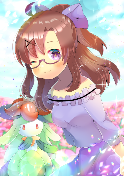 1girl ;) ahoge bare_shoulders blue_sky blurry blurry_background blush bow breasts brown_hair character_request closed_mouth clouds commentary_request crossover day depth_of_field flower frilled_shirt frills gen_5_pokemon glasses hair_bow hair_ornament hairclip indie_virtual_youtuber kouu_hiyoyo lilligant long_hair long_sleeves looking_at_viewer medium_breasts off-shoulder_shirt off_shoulder one_eye_closed outdoors pink_flower pokemon pokemon_(creature) ponytail purple-framed_eyewear purple_bow purple_shirt purple_skirt semi-rimless_eyewear shirt skirt sky smile under-rim_eyewear violet_eyes x_hair_ornament