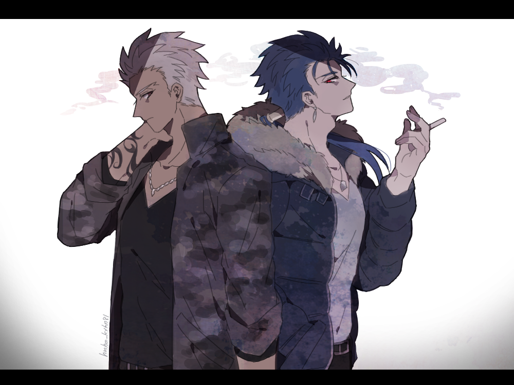 2boys archer_(fate) arm_tattoo blue_hair brown_eyes cigarette cu_chulainn_(fate)_(all) cu_chulainn_(fate/stay_night) dark_skin dark_skinned_male earrings fate/stay_night fate_(series) fur-trimmed_hood fur_trim hood hooded_jacket jacket jewelry long_hair male_focus multiple_boys namahamu_(hmhm_81) necklace ponytail red_eyes smoke tattoo v-neck white_hair