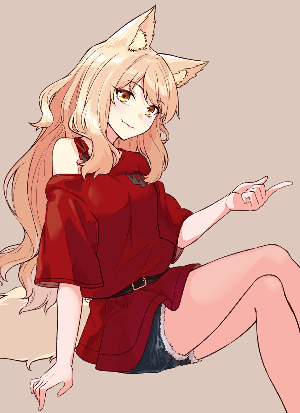 1girl animal_ears beige_background belt coffeekite crossed_legs denim denim_shorts fate/extra fate/extra_ccc fate/extra_ccc_fox_tail fate_(series) fox_ears fox_tail highres long_hair red_shirt shirt shorts sitting suzuka_gozen_(fate) tail