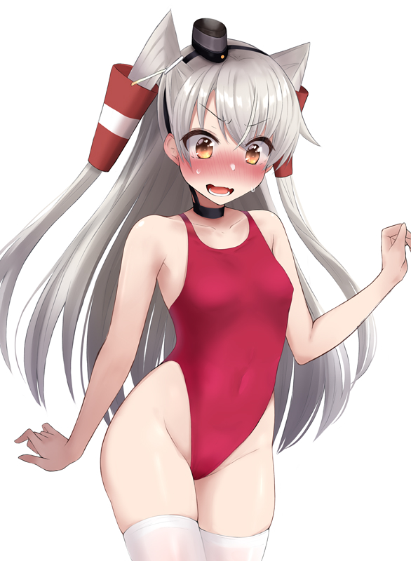 1girl alternate_costume amatsukaze_(kancolle) bangs blush breasts brown_eyes choker collarbone commentary_request competition_swimsuit covered_navel cowboy_shot eyebrows_visible_through_hair fang groin hair_tubes highleg highleg_swimsuit kantai_collection long_hair looking_at_viewer nose_blush one-piece_swimsuit open_mouth red_swimsuit sasakura_(calicchio) silver_hair simple_background skindentation small_breasts solo sweatdrop swimsuit thigh-highs two_side_up white_background white_legwear windsock
