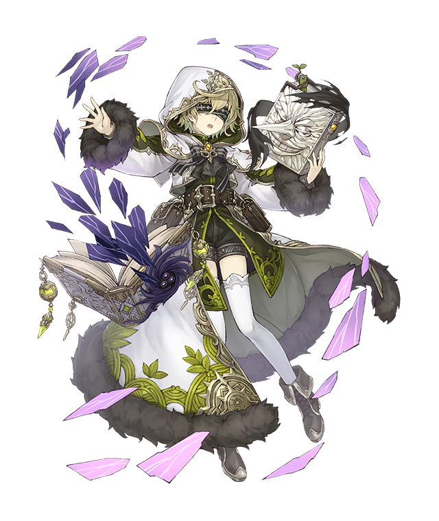 1boy belt belt_pouch blindfold book boots full_body fur_trim green_hair grin holding holding_book hood hood_up hooded_coat ji_no long_coat long_nose looking_at_viewer official_art pinocchio_(sinoalice) pouch shorts sinoalice smile solo thigh-highs transparent_background upper_teeth