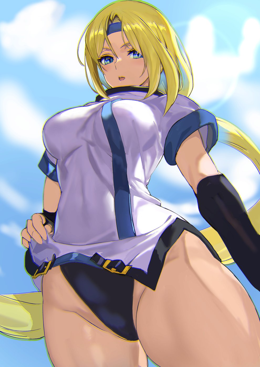 1girl ashiomi_masato bangs blonde_hair blue_eyes blue_sky breasts clothes_lift clothes_pull clouds cloudy_sky detached_sleeves from_above guilty_gear guilty_gear_x guilty_gear_xx headband highres large_breasts leotard long_hair looking_at_viewer millia_rage open_mouth skin_tight sky solo thick_thighs thighs