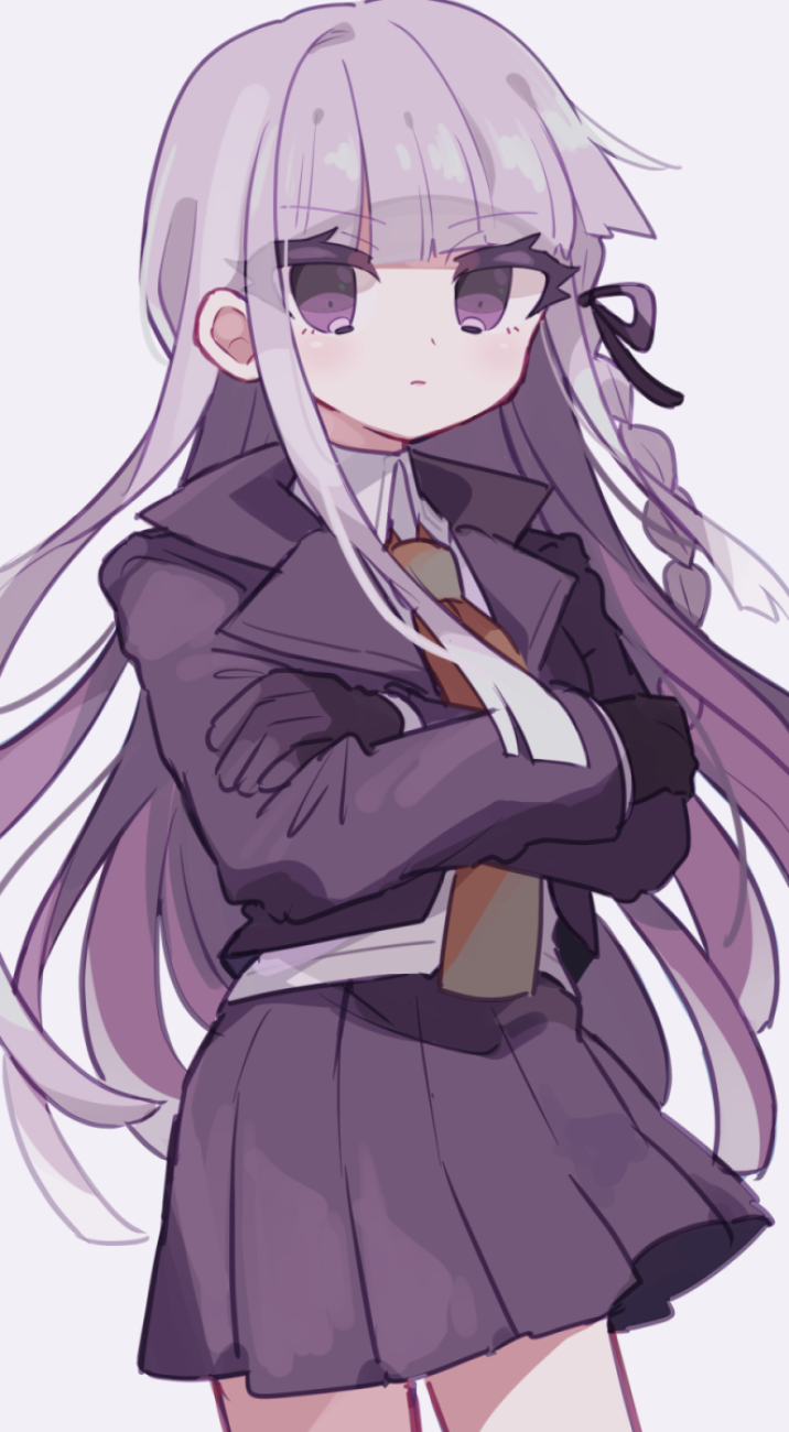 1girl aeruusa bangs black_gloves black_ribbon blunt_bangs braid cowboy_shot crossed_arms dangan_ronpa:_trigger_happy_havoc dangan_ronpa_(series) frown gloves grey_background hair_ribbon highres jacket kirigiri_kyouko long_hair looking_at_viewer necktie orange_neckwear pleated_skirt purple_hair purple_jacket purple_skirt ribbon shiny shiny_hair shirt side_braid simple_background single_braid skirt solo violet_eyes white_shirt