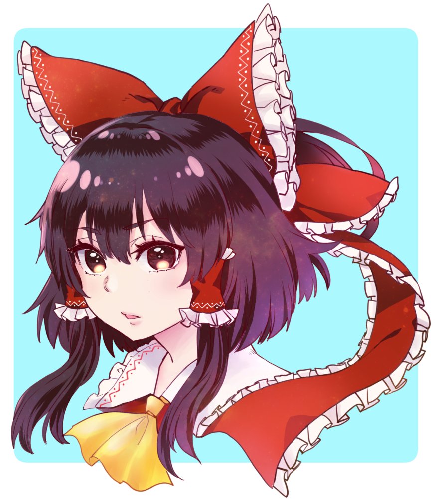 1girl ascot black_hair blue_background bow brown_eyes cropped_shoulders frills hair_bow hair_tubes hakurei_reimu looking_at_viewer natsushiro parted_lips short_hair_with_long_locks simple_background solo touhou