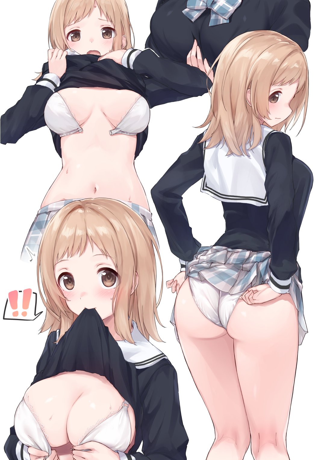 ! !! 1girl :o adjusting_clothes adjusting_panties ass bangs black_shirt blush bow bowtie bra breasts breasts_apart brown_eyes highres idolmaster idolmaster_shiny_colors lace-trimmed_bra lace_trim lifted_by_self light_brown_hair long_hair looking_at_viewer looking_back medium_breasts mouth_hold multiple_views navel open_mouth panties plaid plaid_skirt pleated_skirt sailor_collar sakuragi_mano school_uniform shirt shirt_lift simple_background skirt skirt_lift speech_bubble two-tone_neckwear two-tone_skirt underwear unfastened uniform upper_body white_background white_bra white_panties yoi_naosuke