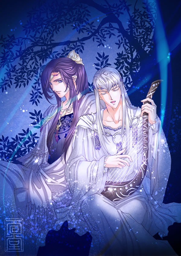 2boys artist_logo blue_theme circlet closed_mouth commentary elwe_(lord_of_the_rings) english_commentary finwe_(lord_of_the_rings) glint harp holding holding_instrument instrument kazuki-mendou long_hair long_sleeves lord_of_the_rings male_focus multiple_boys music photoshop_(medium) playing_instrument pointy_ears purple_hair robe silmarillion sitting tree violet_eyes white_hair