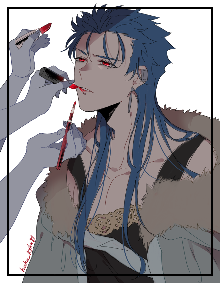 1boy blue_hair capelet cu_chulainn_(caster)_(fate) cu_chulainn_(fate)_(all) disembodied_limb earrings fate/grand_order fate_(series) fur-trimmed_hood fur_trim hair_down hood hooded_capelet jewelry lipstick long_hair makeup makeup_brush male_focus namahamu_(hmhm_81) red_eyes solo