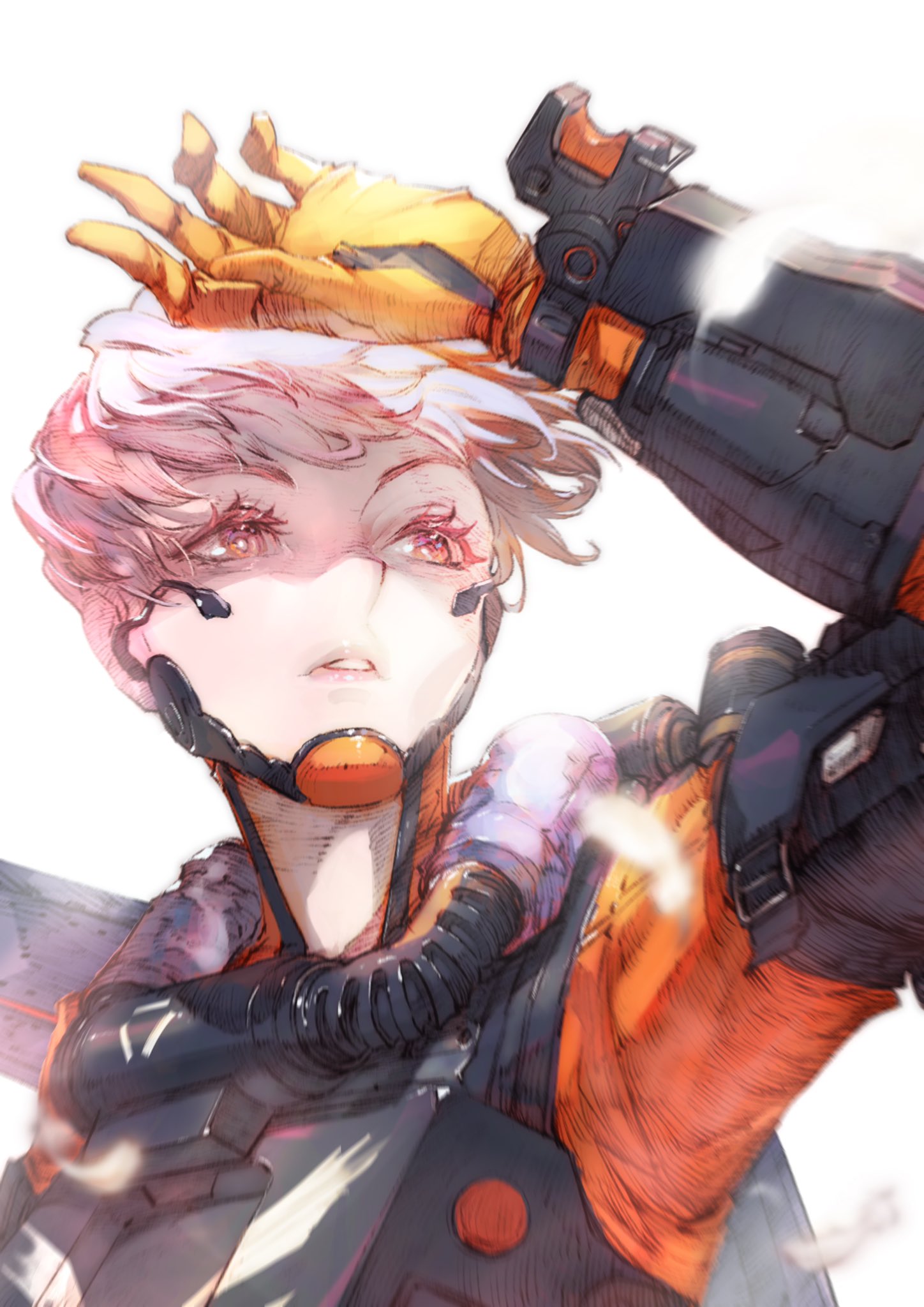 1girl apex_legends armor bodysuit brown_eyes cable floating_hair gloves highres kazama_raita lens_flare open_hand orange_bodysuit parted_lips science_fiction short_hair solo upper_body valkyrie_(apex_legends) white_background yellow_gloves