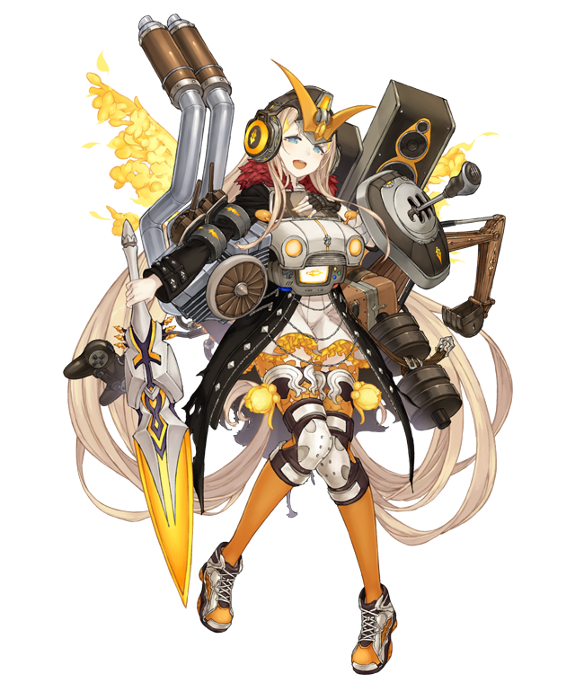 1girl :d armor blonde_hair blue_eyes cannon car controller excavator frills full_body game_controller ground_vehicle helmet holding holding_sword holding_weapon ji_no knee_pads long_hair looking_at_viewer motor_vehicle official_art open_mouth pigeon-toed rapunzel_(sinoalice) shoes sinoalice smile sneakers solo sword transparent_background upper_teeth very_long_hair weapon