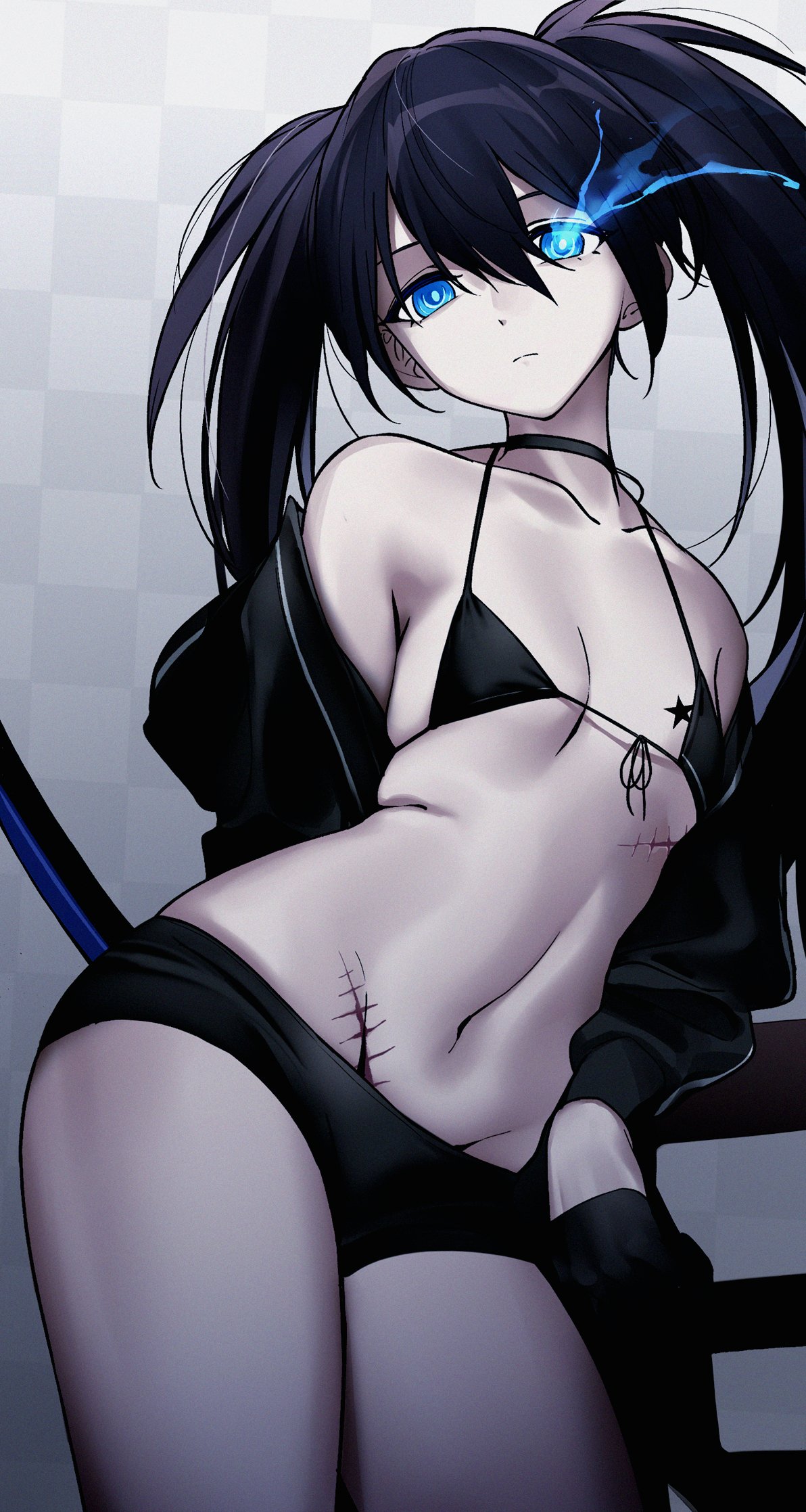 1girl bikini black_bikini black_hair black_rock_shooter black_rock_shooter_(character) blue_eyes breast_tattoo breasts checkered checkered_background closed_mouth collarbone glowing glowing_eye gradient gradient_background hair_between_eyes highres liu_chi_tiantang_fr looking_at_viewer navel pale_skin scar small_breasts solo star_tattoo swimsuit tattoo thighs twintails