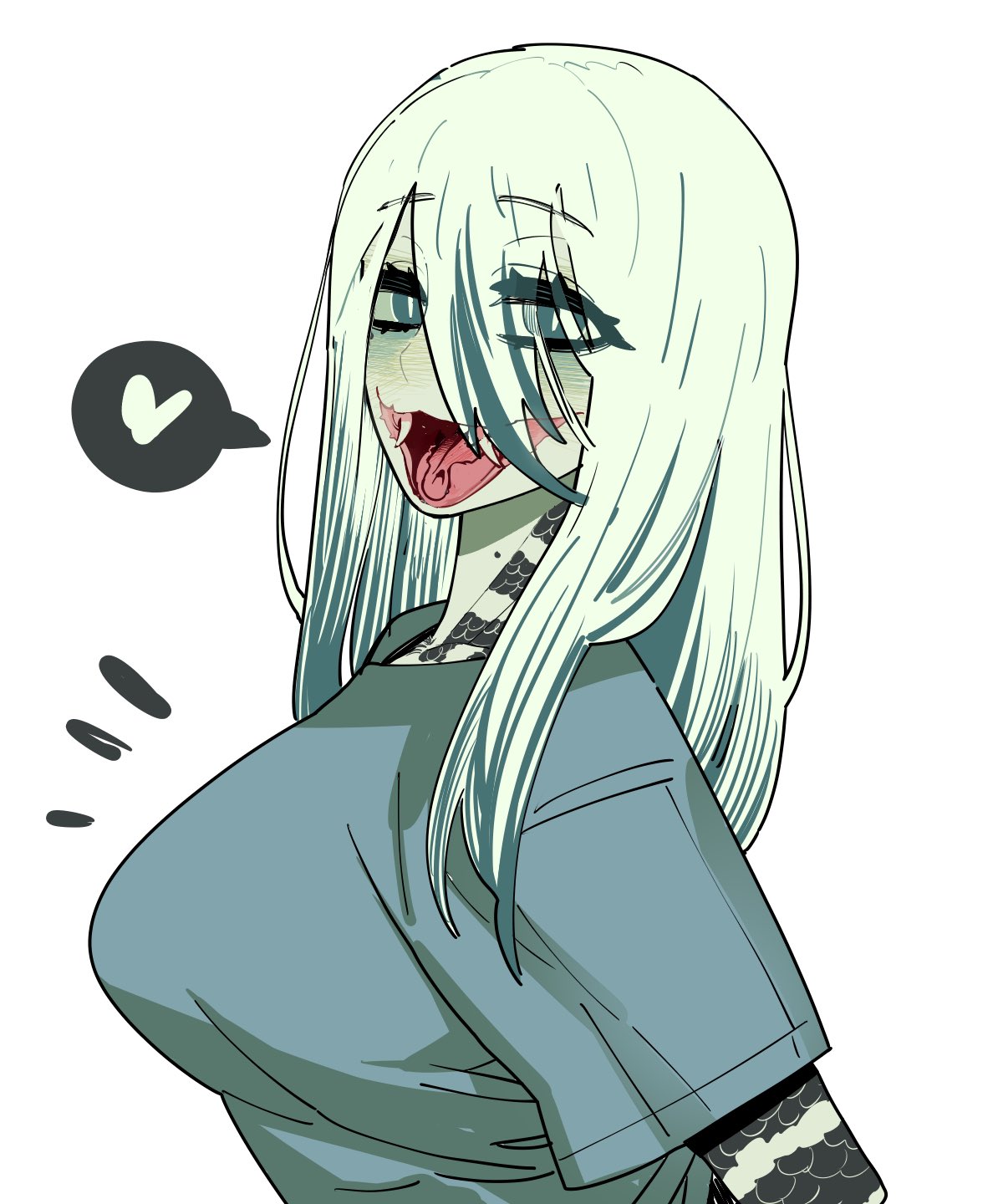 1girl bangs blue_shirt breasts bright_pupils colored_skin eyes_visible_through_hair fangs green_skin hair_over_one_eye heart highres lamia long_hair medium_breasts mole mole_on_neck monster_girl open_mouth original scales shirt smile solo sparrowl speech_bubble spoken_heart t-shirt upper_body white_background white_pupils