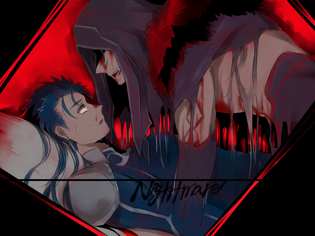 2boys armor blood blood_on_face blue_hair bodysuit covered_eyes cu_chulainn_(fate)_(all) cu_chulainn_(fate/stay_night) cu_chulainn_alter_(fate/grand_order) dark_persona dual_persona facial_mark fate/grand_order fate_(series) fur_collar hair_down hood hood_up long_hair male_focus multiple_boys namahamu_(hmhm_81) nightmare pauldrons pillow red_eyes shoulder_armor sweat