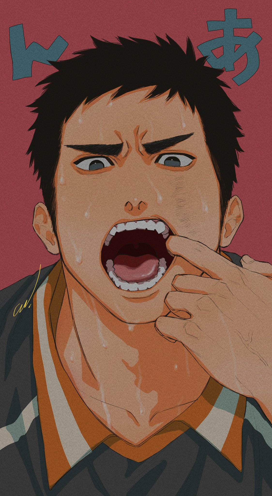 1boy black_hair collarbone collared_shirt commentary_request finger_in_mouth furrowed_eyebrows grey_eyes haikyuu!! highres jersey jo_tuesday19 looking_at_viewer male_focus open_mouth red_background sawamura_daichi shirt short_hair solo sportswear sweat teeth tongue tongue_out uvula