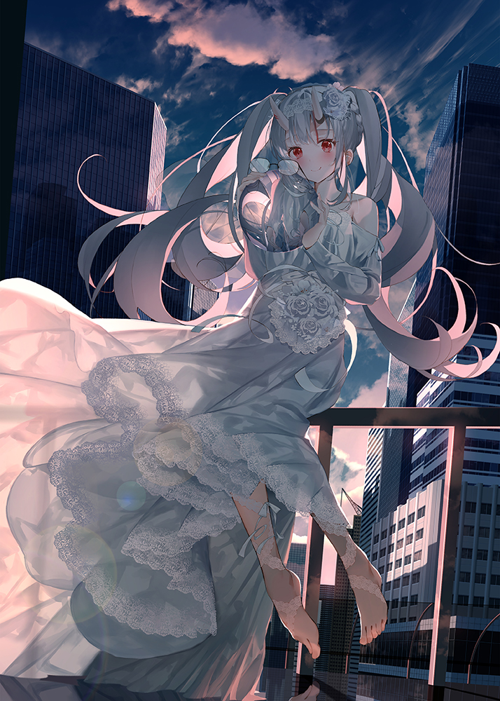 1girl bare_shoulders barefoot black-framed_eyewear blue_sky building closed_mouth clouds cloudy_sky collarbone commentary_request daitai_sotogawa_(futomomo) day dress eyewear_removed flower full_body glasses grey_hair hair_flower hair_ornament hands_up holding hololive horns lace-trimmed_dress lace_trim long_hair long_sleeves looking_at_viewer multicolored_hair nakiri_ayame off-shoulder_dress off_shoulder oni oni_horns outdoors railing red_eyes redhead rose sky skyscraper smile solo streaked_hair twintails very_long_hair virtual_youtuber wedding_dress white_dress white_flower white_rose