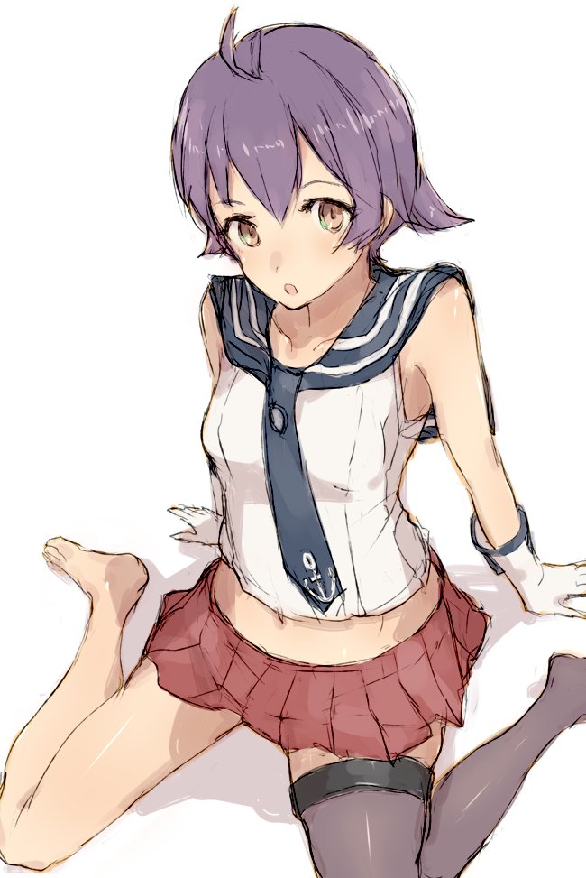 1girl alchera anchor_symbol barefoot black_sailor_collar brown_eyes commentary_request gloves kantai_collection looking_at_viewer navel pleated_skirt purple_hair red_skirt sailor_collar sakawa_(kancolle) shirt short_hair simple_background single_thighhigh sitting skirt sleeveless sleeveless_shirt solo thigh-highs wariza white_background white_gloves