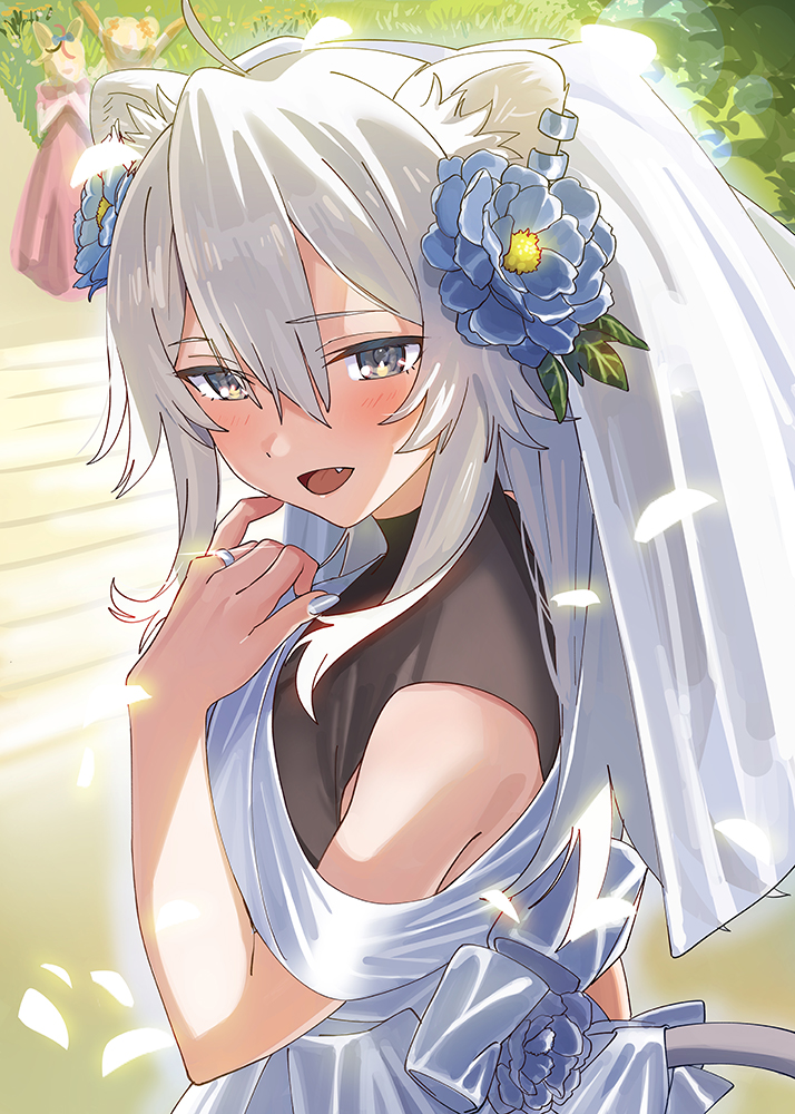 1girl ahoge animal_ears bridal_veil commentary_request dress ear_piercing fang flower grey_eyes grey_hair hair_between_eyes hair_flower hair_ornament hololive jewelry lion_ears lion_girl lion_tail long_hair looking_at_viewer open_mouth piercing ring shishiro_botan solo tail veil virtual_youtuber wedding_band wedding_dress yomosaka