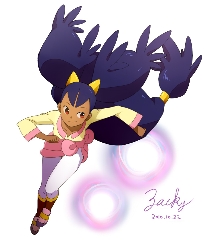 1girl bangs big_hair clenched_hands closed_mouth collarbone commentary_request dark_skin dark-skinned_female dated floating_hair full_body hair_tie iris_(pokemon) knees leggings long_hair orange_eyes pink_footwear pokemon pokemon_(game) pokemon_bw purple_hair shoes sideways_glance signature smile solo tied_hair very_long_hair white_background white_legwear zacky_(hamigakioisii)