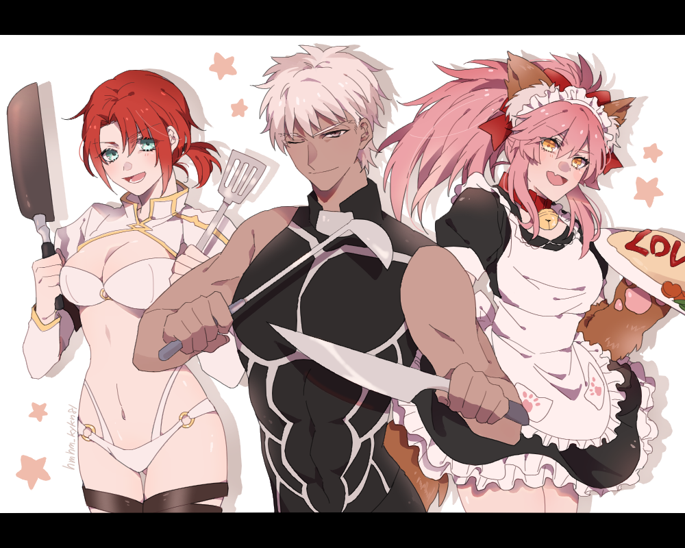 1boy 2girls animal_ears apron archer_(fate) boudica_(fate) dark_skin dark_skinned_male dual_wielding fang fate/grand_order fate_(series) food fox_ears frying_pan gloves grey_eyes hair_ribbon holding juliet_sleeves knife ladle long_hair long_sleeves maid multiple_girls namahamu_(hmhm_81) o-ring o-ring_bottom o-ring_top omurice one_eye_closed paw_gloves paws pink_hair puffy_sleeves redhead ribbon short_ponytail shrug_(clothing) skin_fang spatula tamamo_(fate)_(all) tamamo_cat_(fate) white_hair yellow_eyes