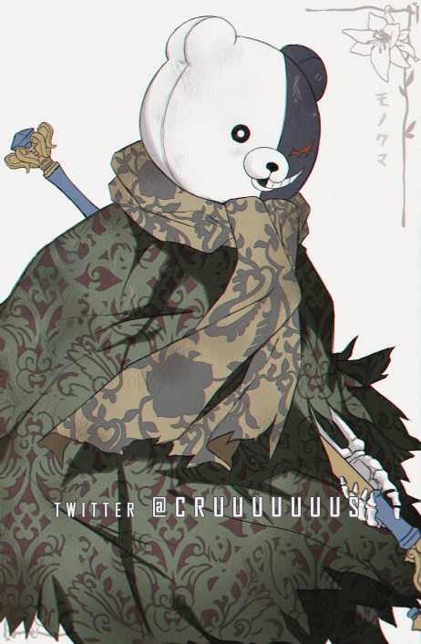 cloak criis-chan crossover dangan_ronpa:_trigger_happy_havoc dangan_ronpa_(series) floral_print holding holding_weapon looking_at_viewer monokuma nier_(series) simple_background solo striped sweater teeth twitter_username weapon white_background