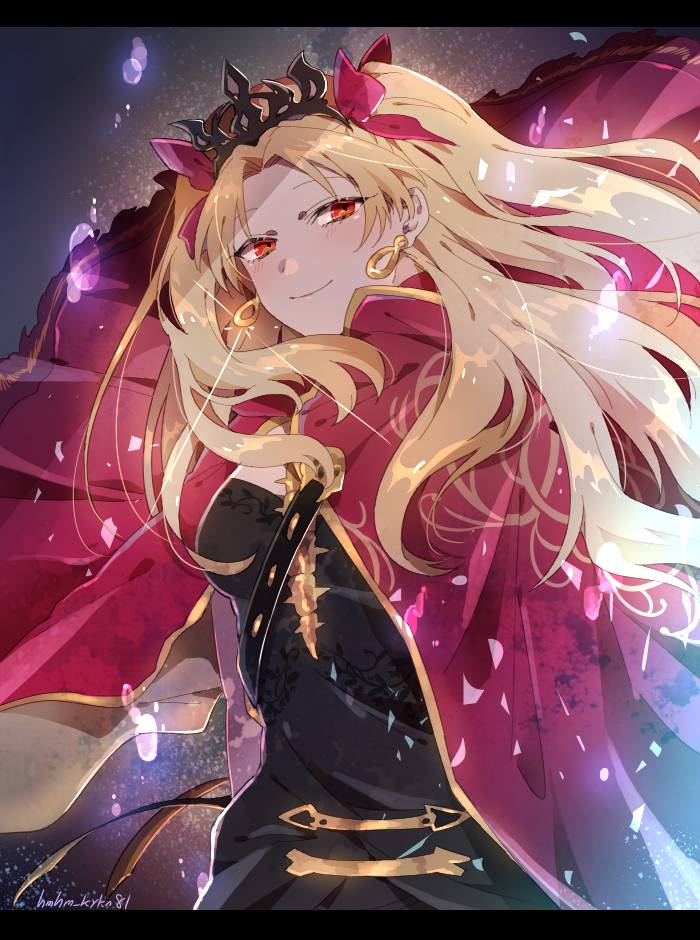 1girl bangs blonde_hair cape earrings ereshkigal_(fate) fate/grand_order fate_(series) jewelry long_hair namahamu_(hmhm_81) parted_bangs red_eyes smile solo tiara two_side_up