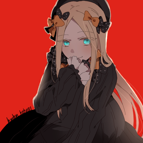 1girl abigail_williams_(fate) bangs black_bow bow fate/grand_order fate_(series) forehead hair_bow hand_to_own_mouth hat lowres multiple_bows multiple_hair_bows namahamu_(hmhm_81) orange_bow parted_bangs polka_dot polka_dot_bow sleeves_past_fingers sleeves_past_wrists solo