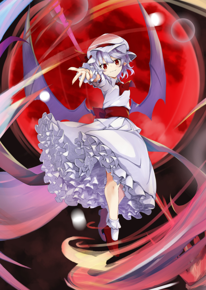 1girl akisome_hatsuka ascot bangs bat_wings blush bobby_socks breasts closed_mouth commentary_request danmaku dress eyebrows_visible_through_hair fang floating foreshortening full_body full_moon hat mob_cap moon motion_blur night night_sky petticoat purple_hair reaching_out red_eyes red_moon red_neckwear remilia_scarlet short_hair sky small_breasts smile socks solo touhou white_dress wings wrist_cuffs