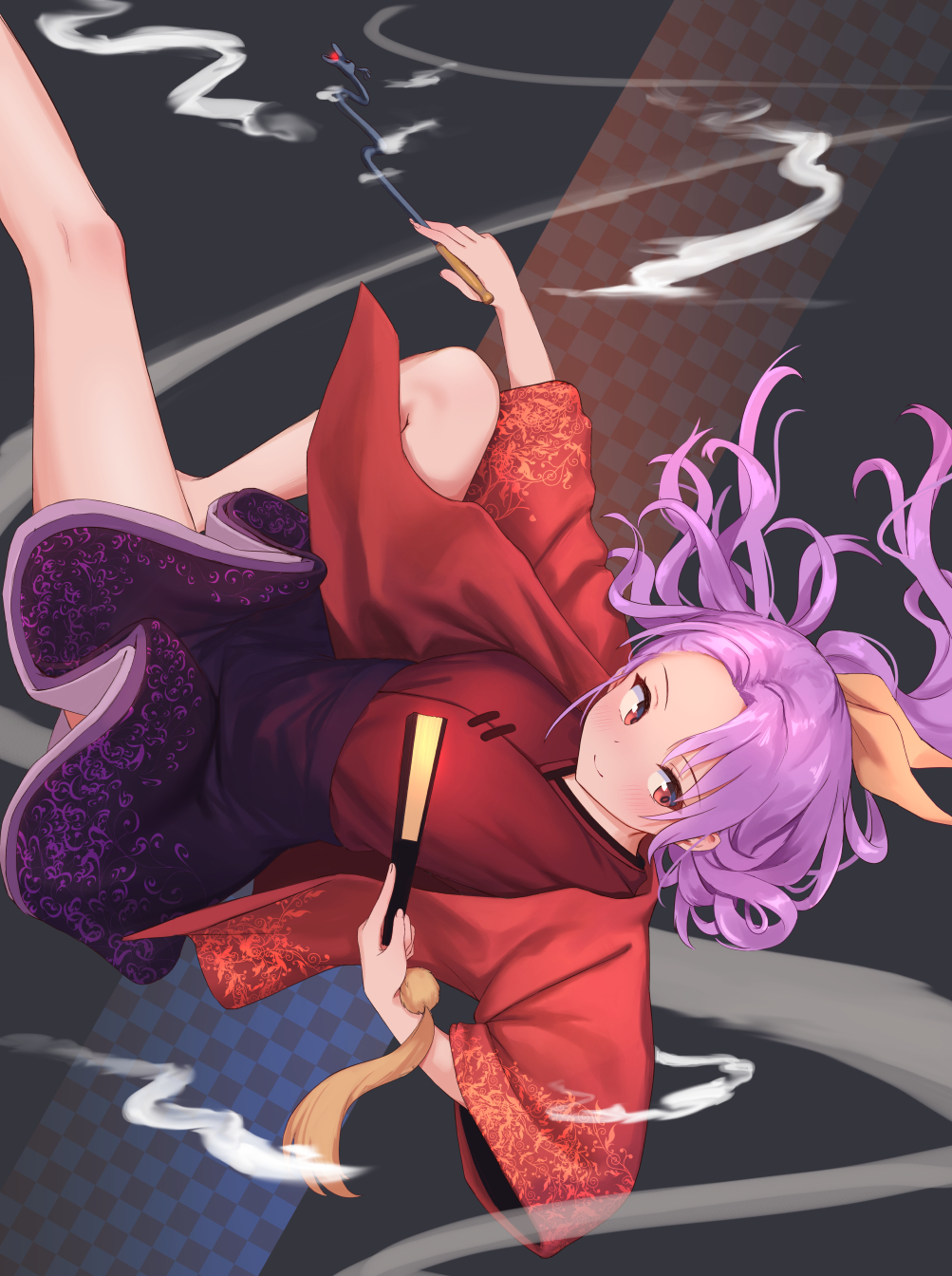 1girl bangs blush breasts checkered checkered_background closed_fan closed_mouth dragon_ornament falling fan feet_out_of_frame floating_hair folding_fan forehead grey_background hair_ribbon high-waist_skirt highres holding holding_fan holding_pipe japanese_clothes kimono kiseru knee_up komakusa_sannyo long_sleeves looking_away looking_to_the_side medium_hair open_clothes open_robe outstretched_leg parted_bangs pipe ponytail print_robe purple_hair purple_skirt red_eyes red_kimono red_robe ribbon robe roke_(taikodon) skirt smile smoke solo tassel touhou upside-down wide_sleeves yellow_ribbon