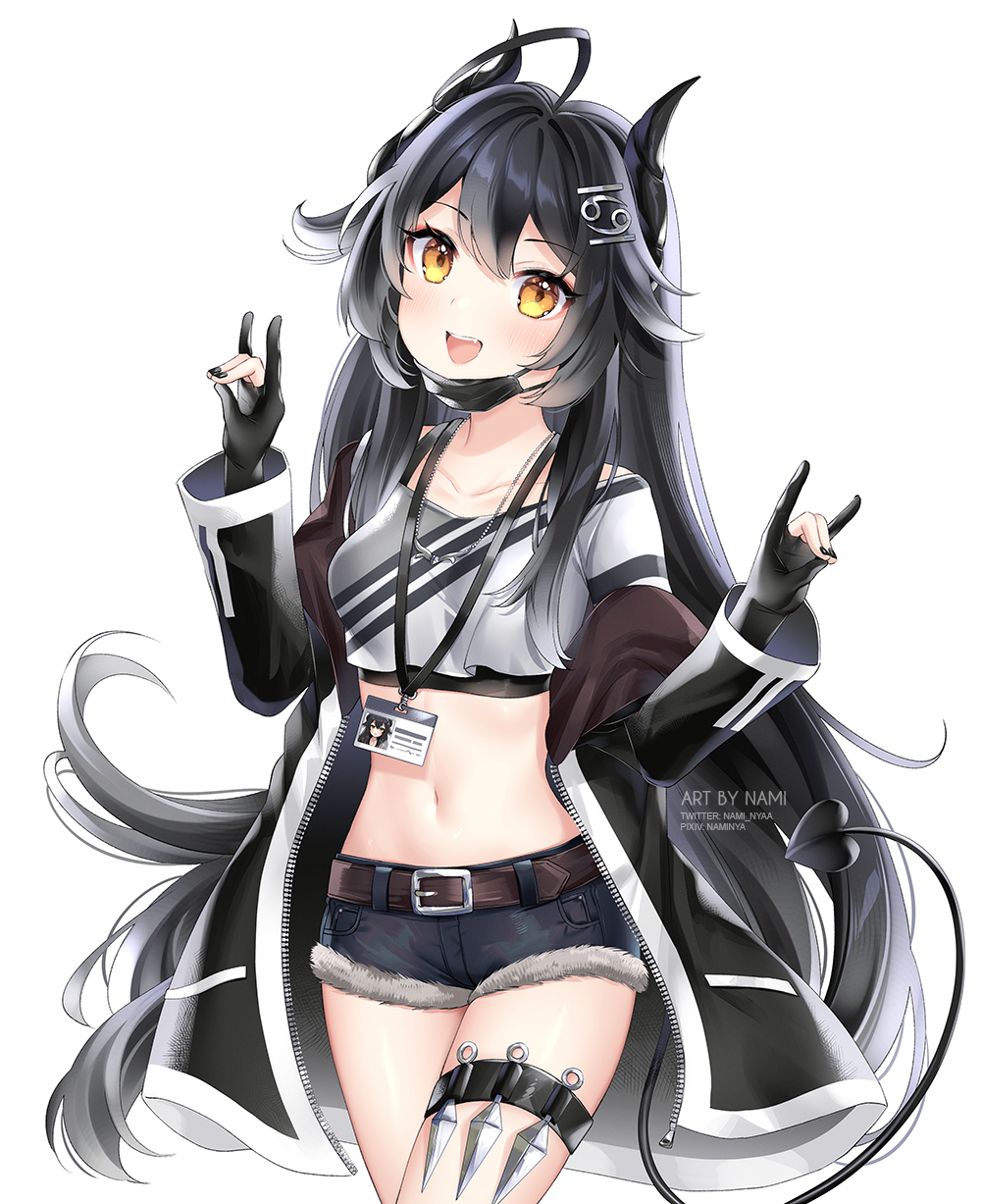 1girl :d ahoge belt black_gloves black_hair black_jacket black_nails black_shorts breasts collarbone commission cowboy_shot crop_top crop_top_overhang cutoffs demon_girl demon_horns demon_tail denim denim_shorts double_fox_shadow_puppet fox_shadow_puppet gloves hair_flaps hair_ornament hairclip hands_up highres horns id_card jacket jewelry kunai lanyard long_hair long_sleeves looking_at_viewer mask mask_pull medium_breasts midriff mouth_mask nail_polish nami_(nyaa) navel necklace off_shoulder open_clothes open_jacket open_mouth original partially_fingerless_gloves shirt short_shorts shorts smile solo standing stomach tail thigh_strap thighs undershirt very_long_hair weapon white_shirt yellow_eyes