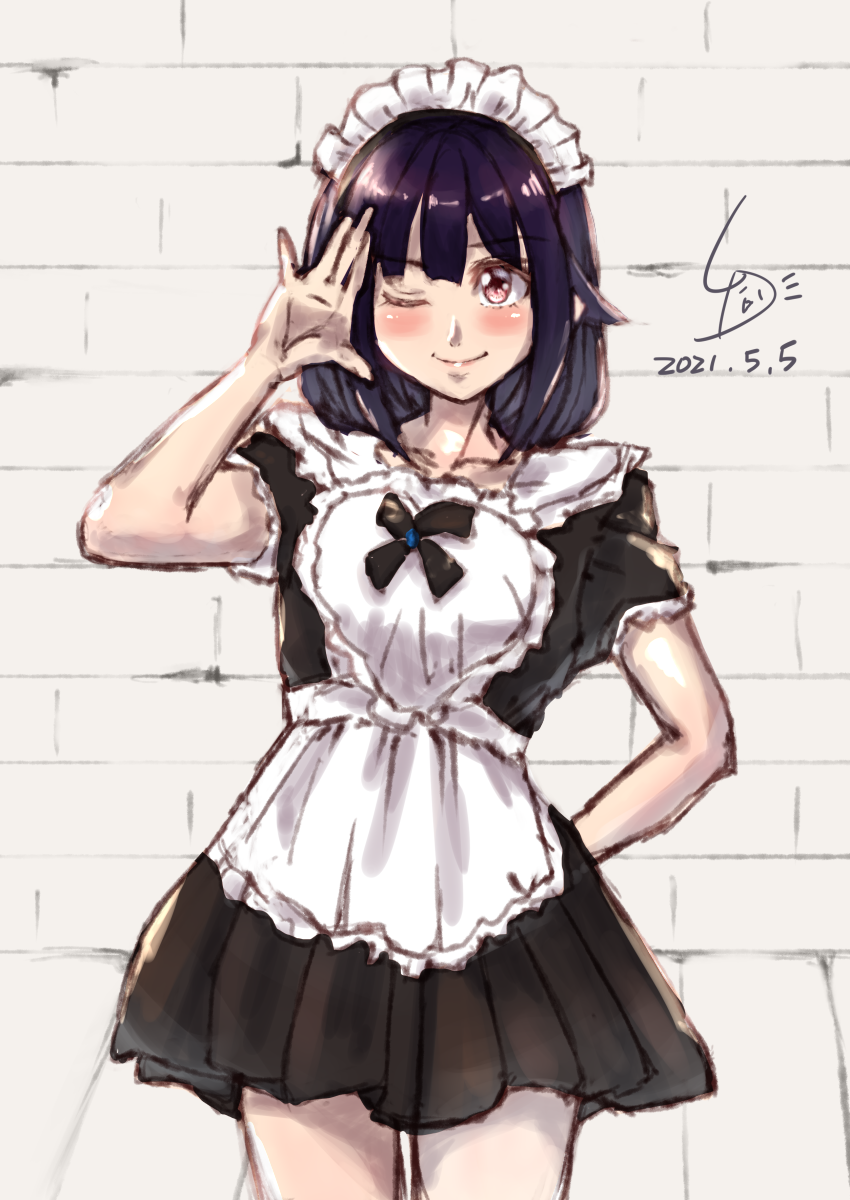 1girl ahoge alternate_costume apron artist_logo black_dress black_hair brick_wall commentary_request cowboy_shot dated dress enmaided frilled_apron frills hair_flaps highres kantai_collection ld_(luna_dial398) low_twintails maid one-hour_drawing_challenge one_eye_closed pose red_eyes solo taigei_(kancolle) twintails white_apron