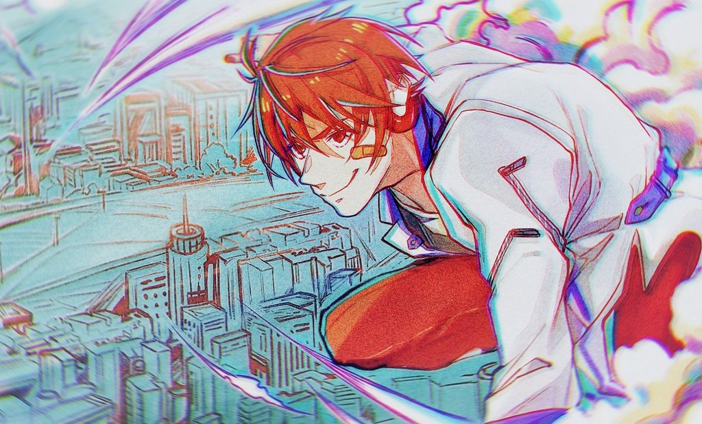 arsloid bandaid bandaid_on_face belt cityscape clouds from_above headphones jacket lapel male_focus misu_(stepforme) noise pants red_eyes red_pants redhead solo vocaloid white_jacket wind zipper