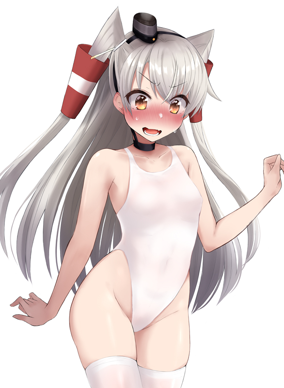 1girl alternate_costume amatsukaze_(kancolle) bangs blush breasts brown_eyes choker collarbone commentary_request competition_swimsuit covered_navel cowboy_shot eyebrows_visible_through_hair fang groin hair_tubes highleg highleg_swimsuit kantai_collection long_hair looking_at_viewer nose_blush one-piece_swimsuit open_mouth sasakura_(calicchio) silver_hair simple_background skindentation small_breasts solo sweatdrop swimsuit thigh-highs two_side_up white_background white_legwear white_swimsuit windsock