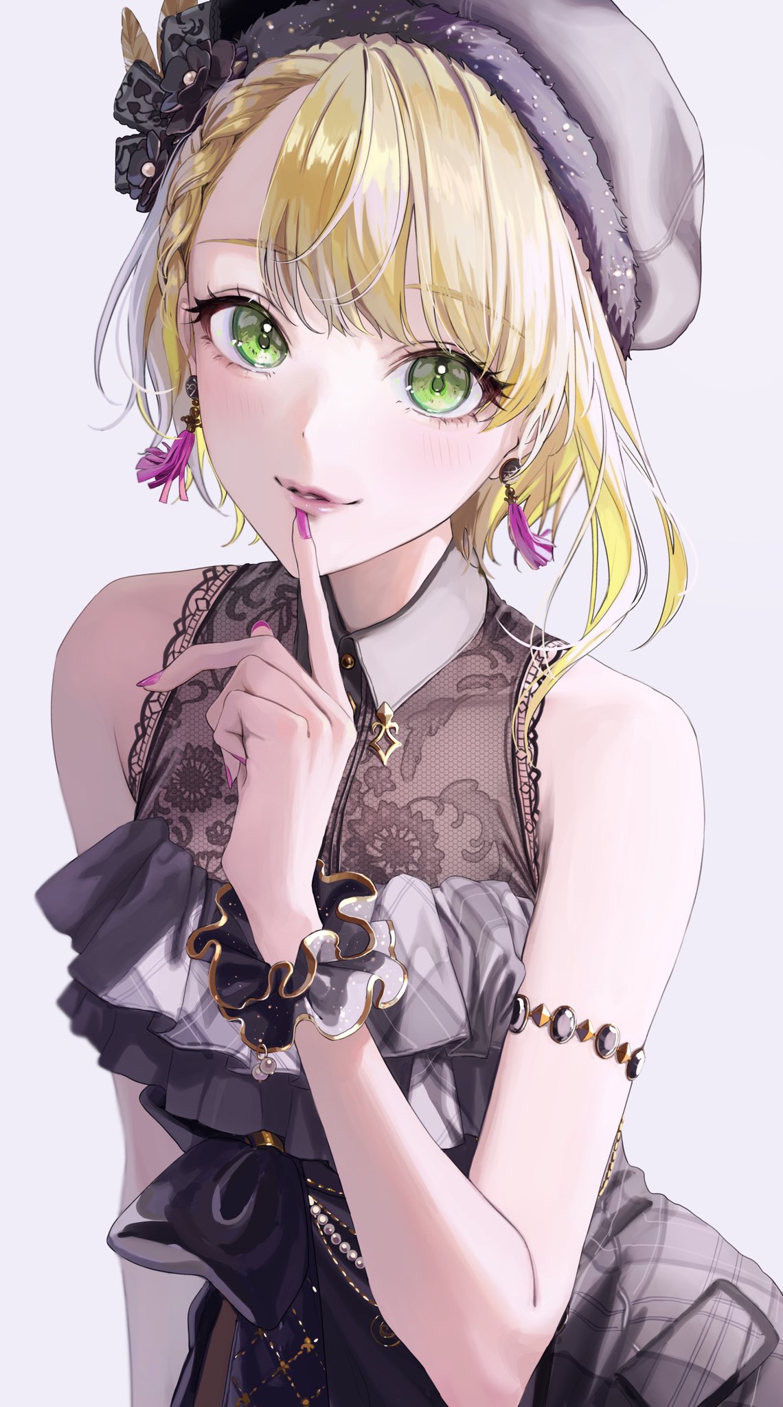 1girl bare_shoulders beret black_dress blonde_hair dress earrings eyebrows_visible_through_hair finger_to_mouth green_eyes hat highres idolmaster idolmaster_cinderella_girls idolmaster_cinderella_girls_starlight_stage jewelry light_blush lips looking_at_viewer magako miyamoto_frederica parted_lips short_hair simple_background smile solo tassel tassel_earrings upper_body white_background