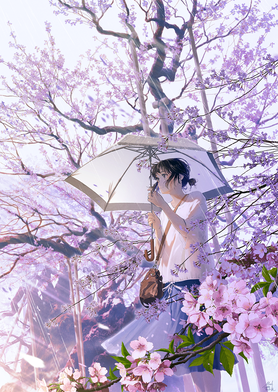 1girl bag black_hair blue_skirt brown_eyes cherry_blossoms closed_mouth commentary_request day flower hair_bun highres holding holding_umbrella looking_away mocha_(cotton) original outdoors pink_flower purple_flower rain shirt short_sleeves shoulder_bag signature skirt smile solo tree tree_branch umbrella white_shirt white_umbrella wide_sleeves